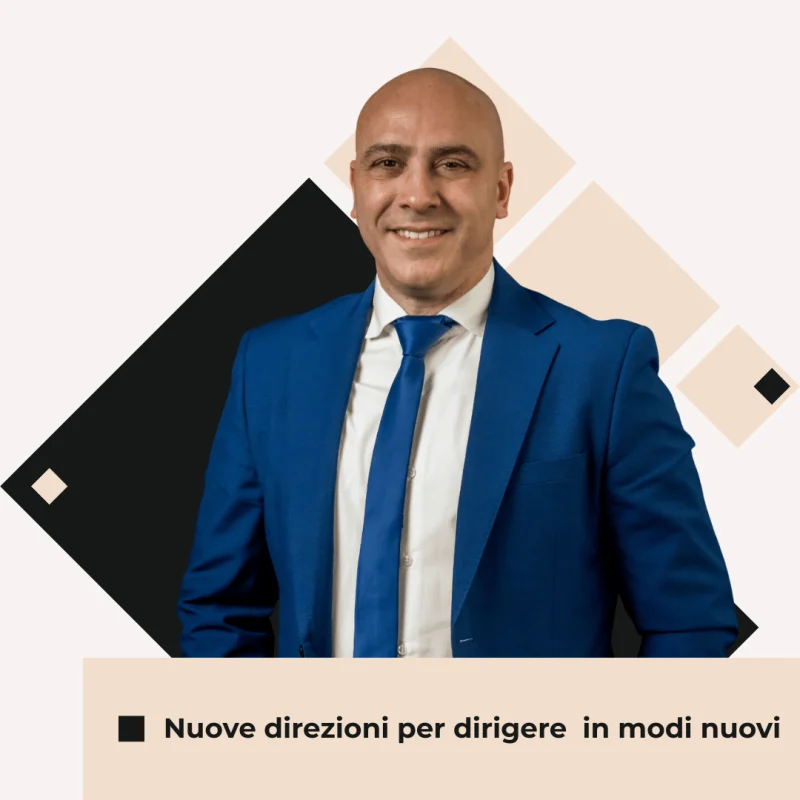 Coach aziendale in primo piano su sfondo astratto con elementi grafici quadrati, rappresentazione concettuale del cambiamento nella leadership.