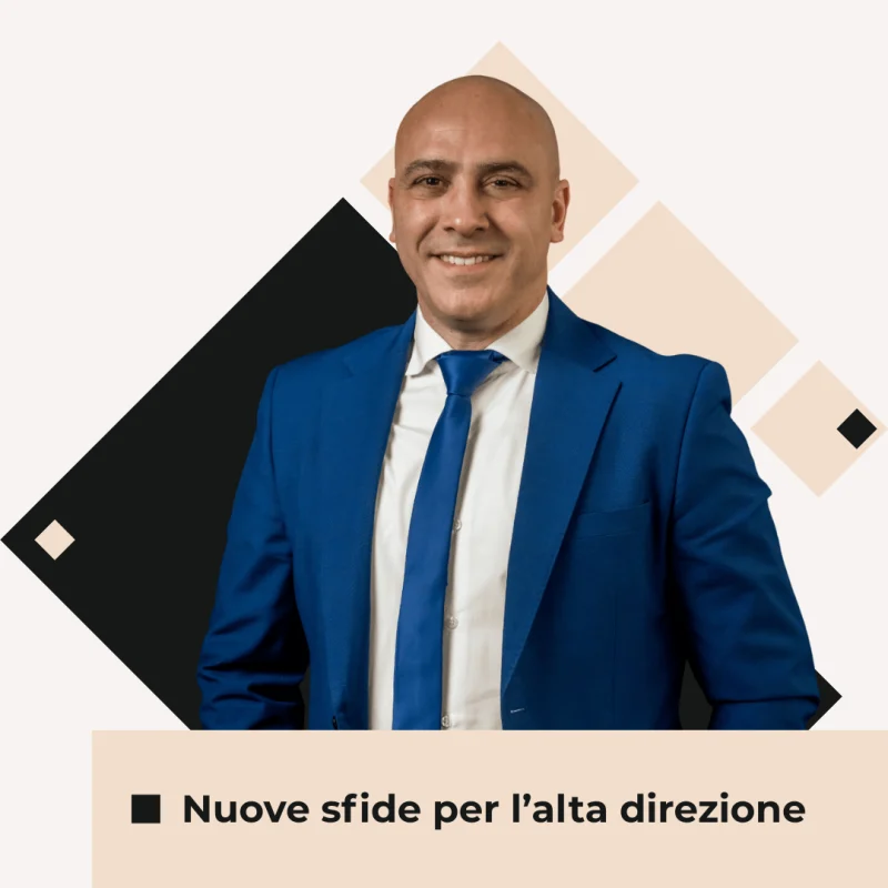 Leader aziendale in primo piano con sfondo astratto geometrico, simbolo delle nuove sfide affrontate dall’alta direzione attraverso l’executive coaching.
